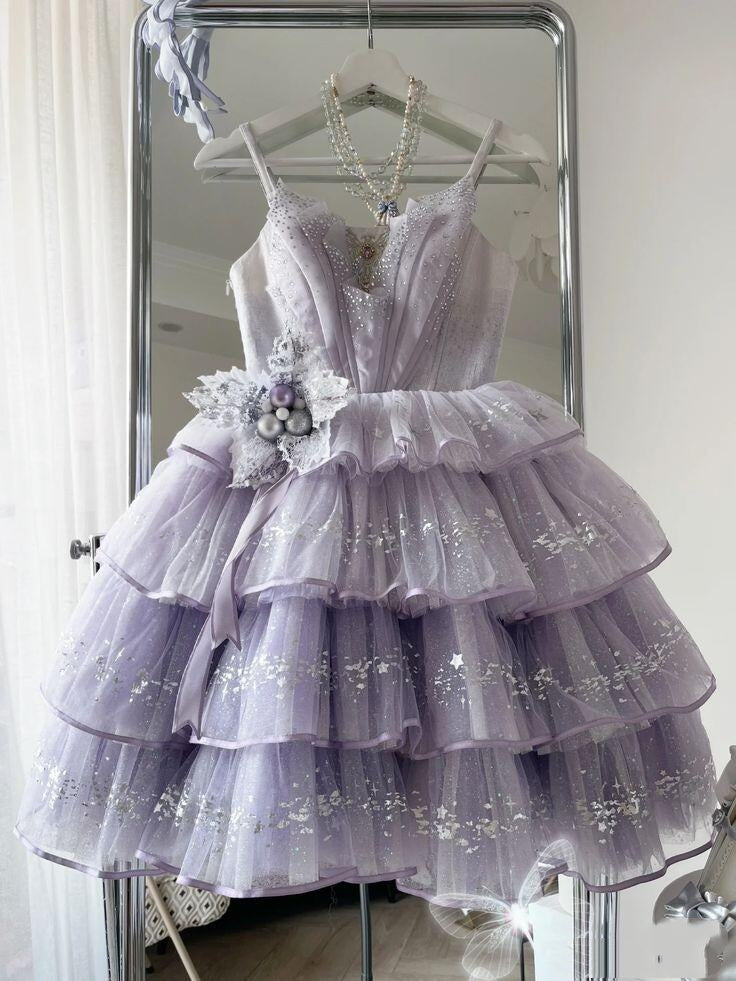 Shiny Spaghetti Straps Tulle Sequin Layered Short 6th Grade Homecoming Dress,Lilac Birthday Outfits D3004