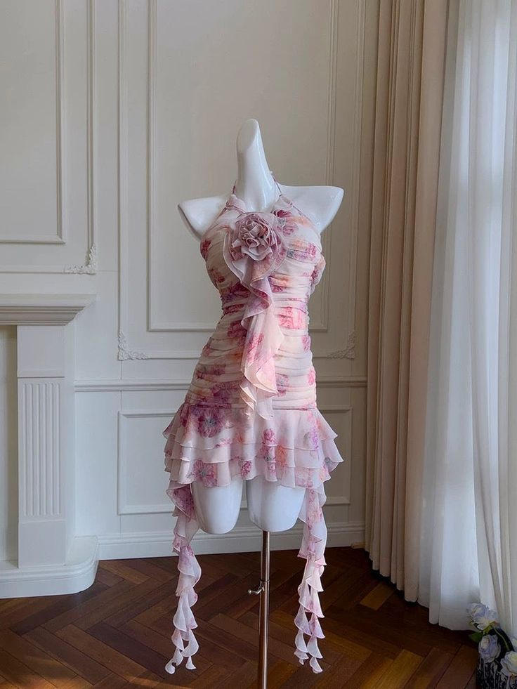 Pretty Sheath Halter Floral Chiffon Short Homecoming Dress Birthday Outfits S662