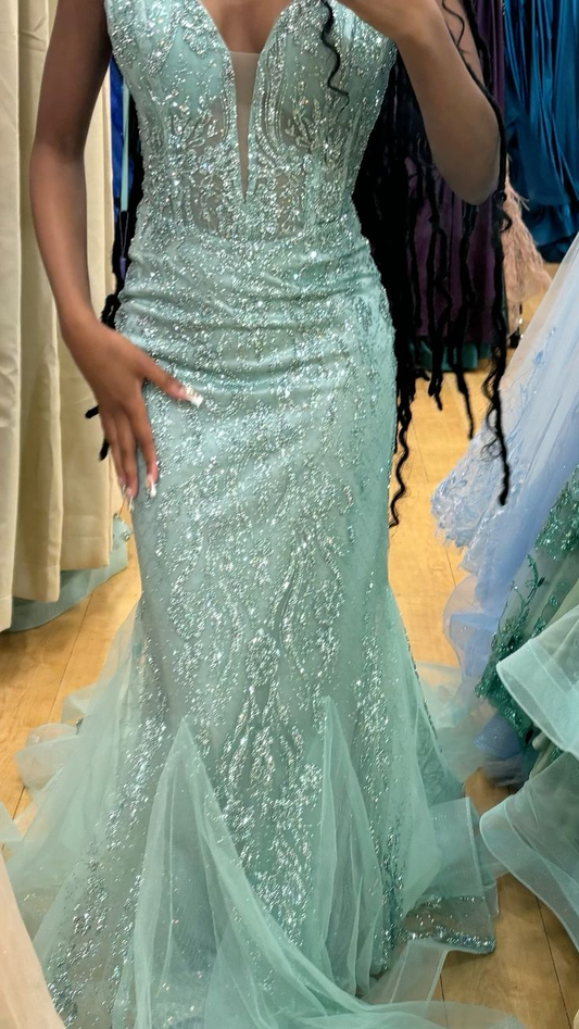 Sparkly Light Green Tulle Sequin Mermaid Long Evening Dress Party Gown D1816