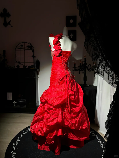 Stylish Red Satin Ruched Beaded Mermaid Party Dress,One Shoulder Long Evening Gown D3733