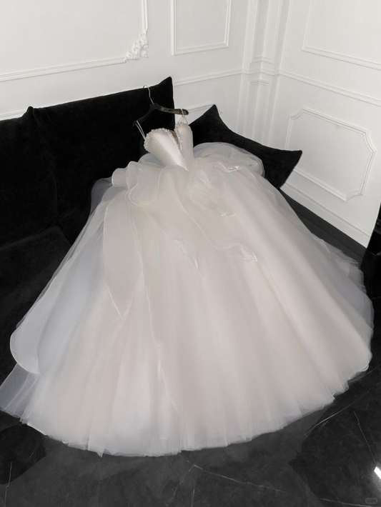 Classy Sweetheart Neck White Satin Beaded Tulle Ball Gown Long Wedding Dress D1341