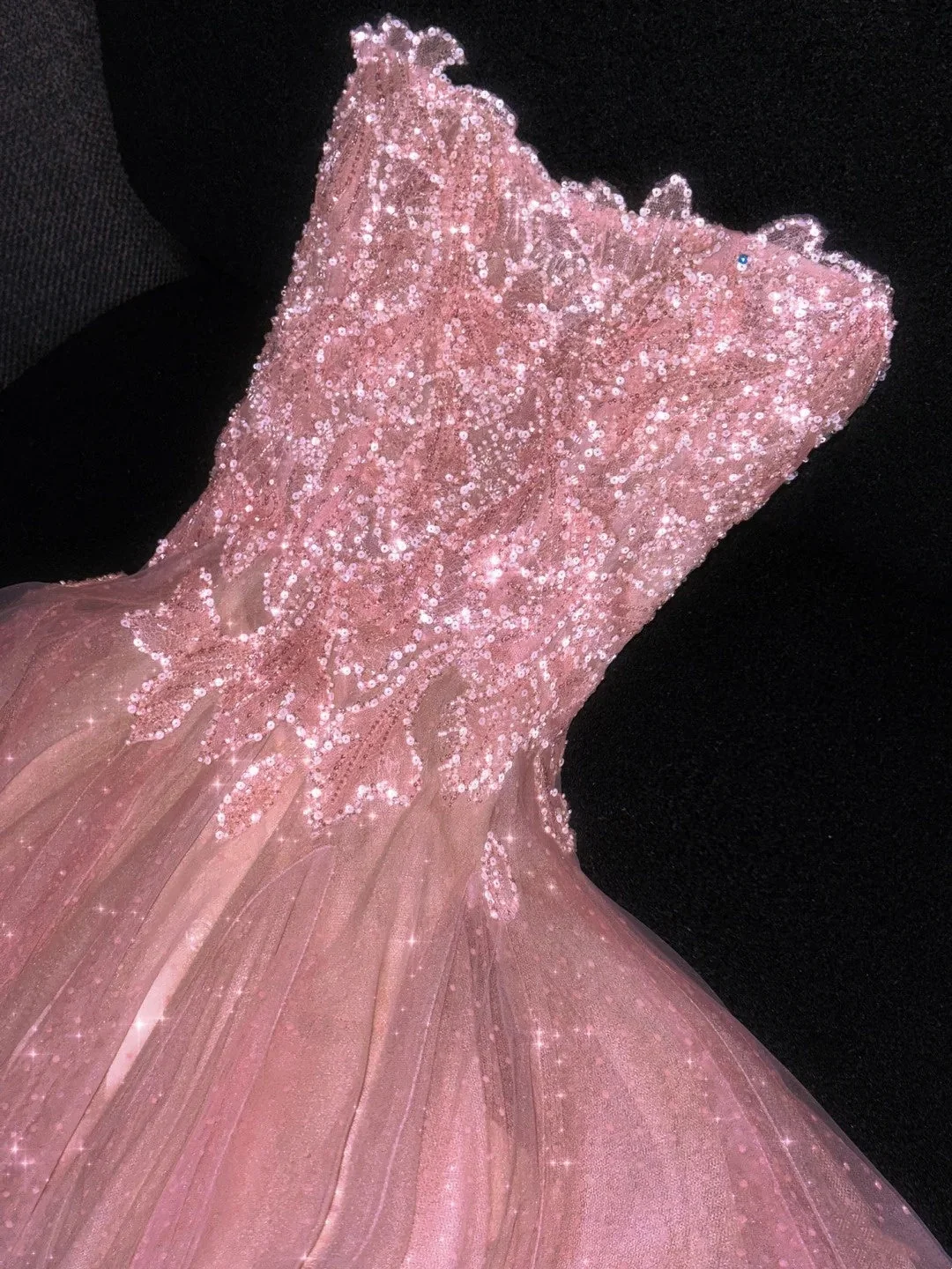 Elegant Ball Gown Strapless Pink Polka Dots Tulle Long Evening Dress Formal 18th Birthday Prom Dresses D4549