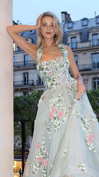 Princess Halter Cascading Ruffles Tulle Appliques Green Long Evening Dress Birthday Party Gown D4750