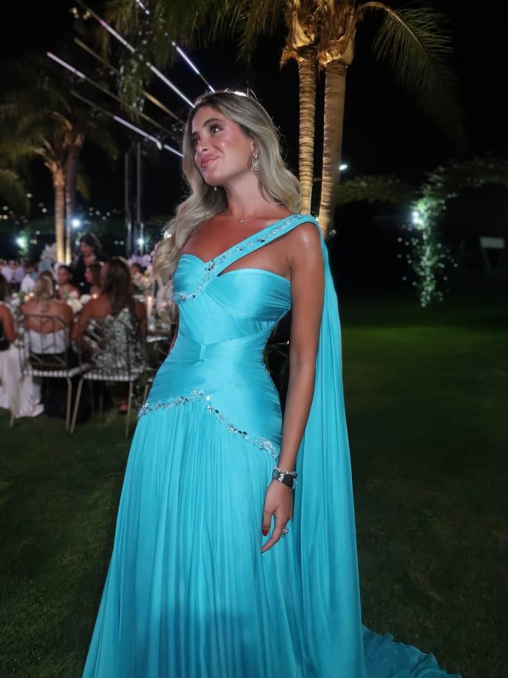 Fashion Blue Chiffon Ruched Beaded Mermaid Party Dress,One Shoulder Long Wedding Guest Dress D3814