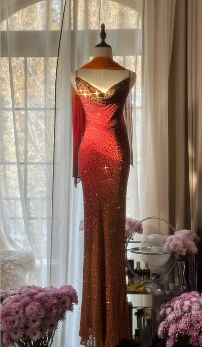 Elegant Spaghetti Straps Burgundy Chiffon Beaded Mermaid Long Party Dress Evening Gown D2095