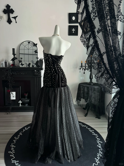 Fashion Black Strapless Tulle Pearls Mermaid Evening Dress Long Wedding Guest Dress D3700
