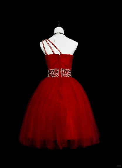 Charming One Shoulder Tulle Beaded A Line Short Party Dress,Red Short 15th Birthday Outfits D4054