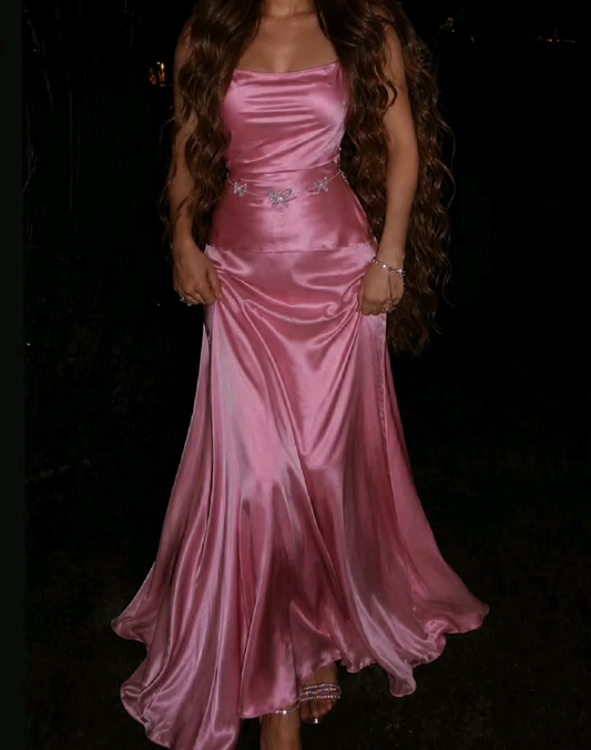 Elegant Spaghetti Straps Pink Satin Mermaid Evening Dress,Long Wedding Guest Dress D3113