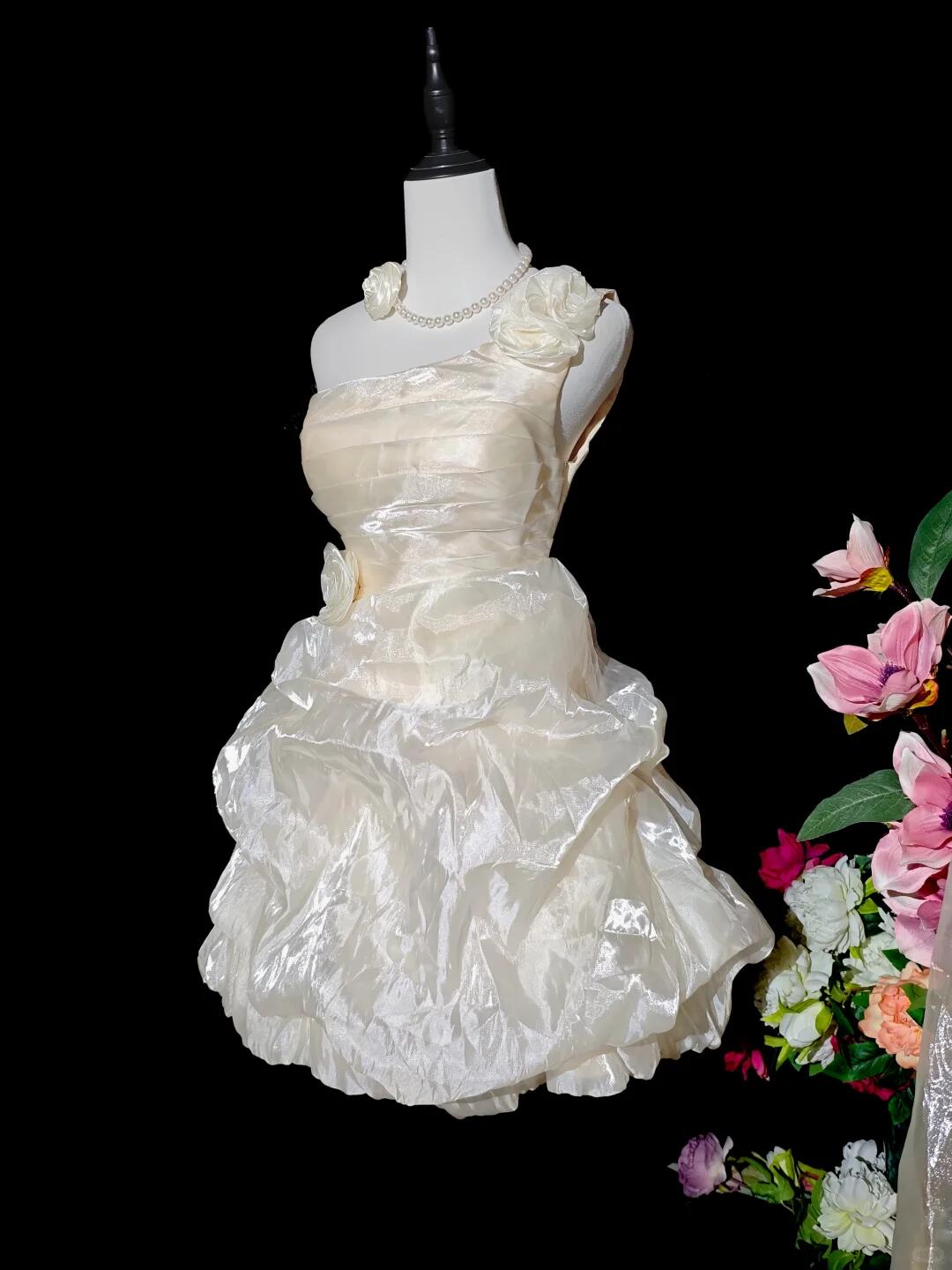 Classy One Shoulder Satin Organza Pleated Short 6th Grade Homecoming Dress Birthday Dress D3152