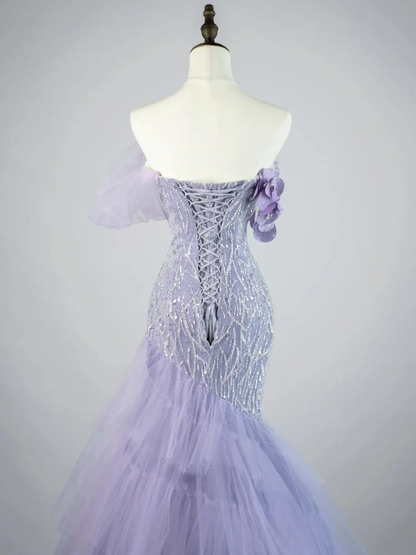 Glamorous Off The Shoulder Lilac Tulle Sequin Beaded Mermaid Long Evening Dress Party Gown D4525