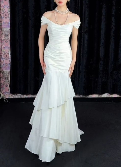 Elegant White Off The Shoulder Layered Satin Mermaid Long Evening Dress Formal Wedding Guest Dress D1967