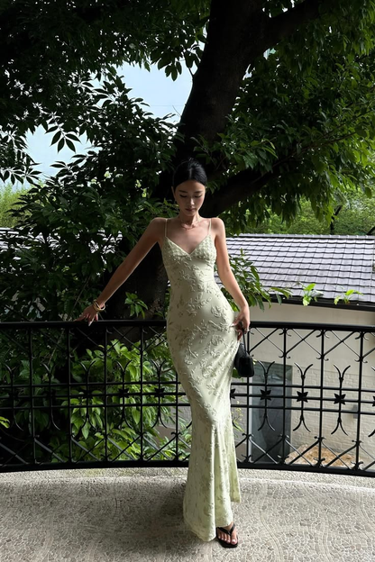 Pretty Spaghetti Straps Satin Floral Beaded Long Party Dress Sage Green Mermaid Long Evening Gown D4917