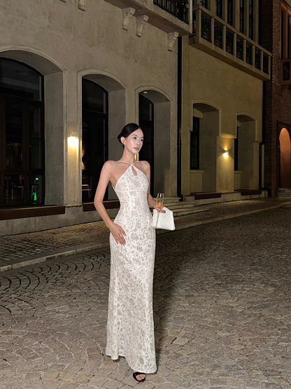 Glamorous Beige Sleeveless Lace Mermaid Slit Long Evening Dress Formal Birthday Party Gown D2086