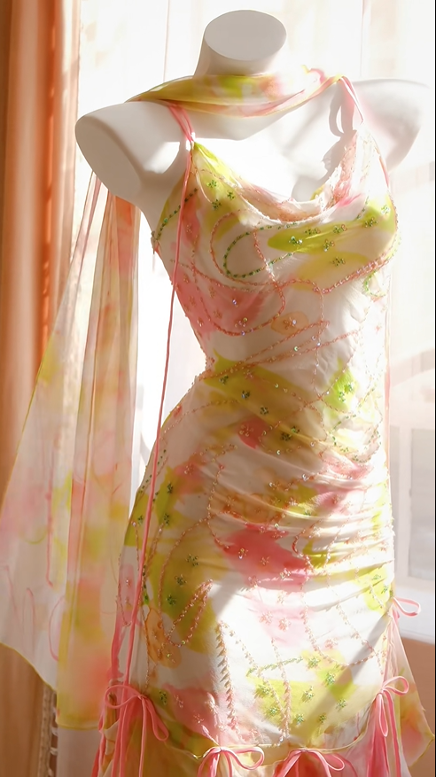 Glamorous Spaghetti Straps Chiffon Print Floral Beaded Ruffles Knee Length Evening Dress Prom Dress D2737