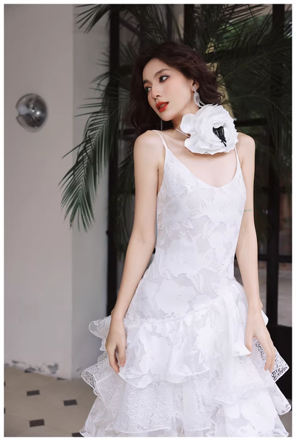 Fairy Spaghetti Strap White Lace Ruffle Layered Mermaid Long Prom Dress Evening Gowns D2426