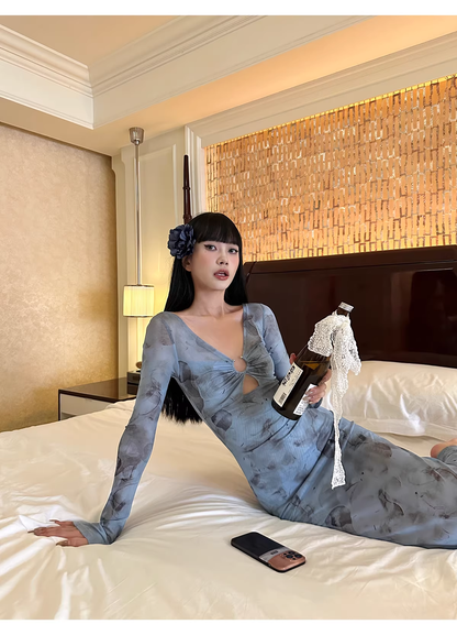 Charming V Neck Blue Lace Sheath Long Evening Dress Formal Wedding Guest Dress D2081