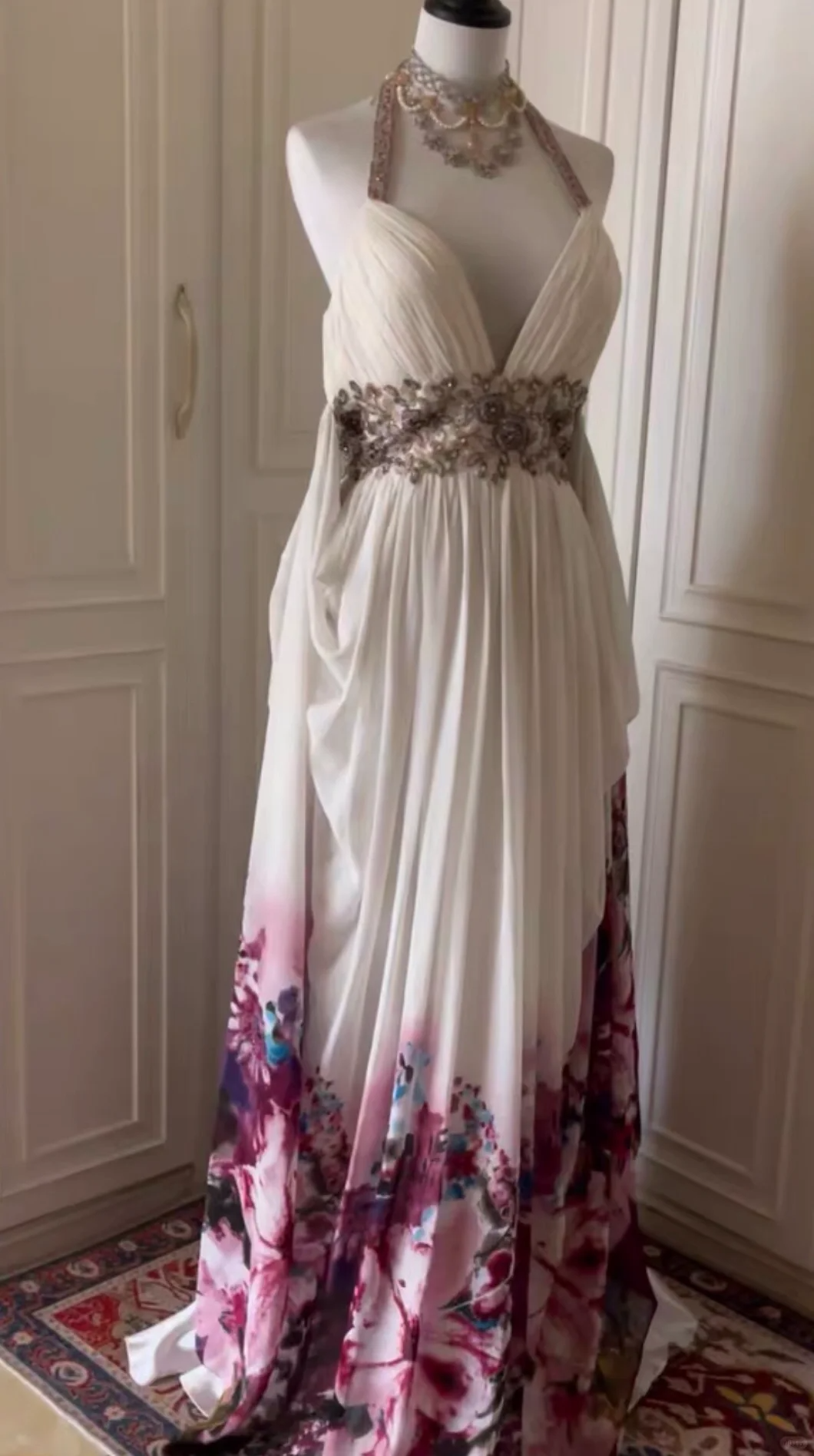 Beautiful Halter Beaded Chiffon Print Floral Mermaid Evening Dress,White Long Party Gown D3105