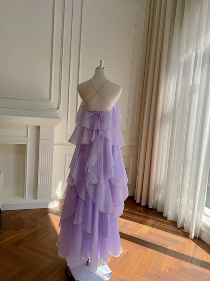 Glamorous Halter Chiffon Ruffle Layered Long Party Dress,Lavender Evening Gown D2994