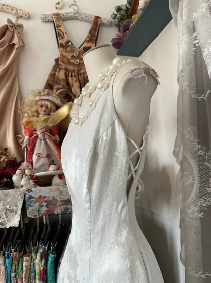 Pretty Spaghetti Straps White Satin Print Floral Mermaid Evening Dress Long Birthday Party Dress D1673