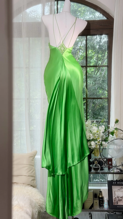 Elegant Green Spaghetti Straps Satin Beaded Mermaid Long Party Dress Birthday Dress D2932