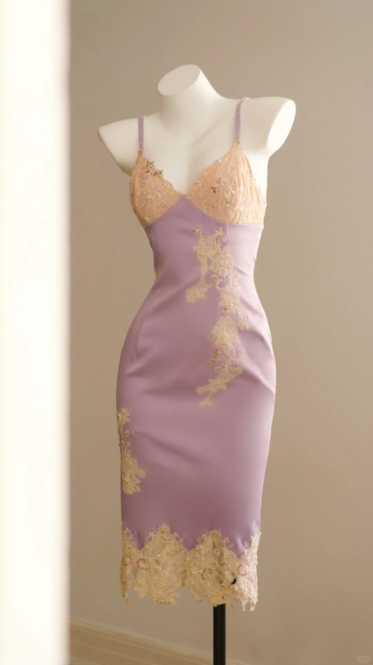 Elegant Spaghetti Straps Purple Satin Lace Sheath Knee Length Evening Dress Formal Party Gown D2772