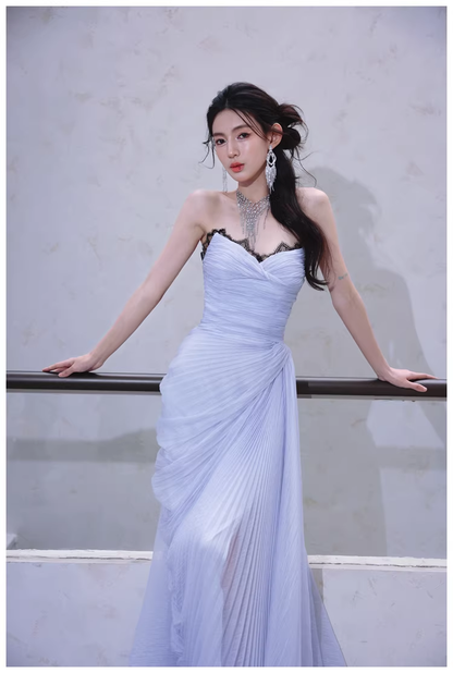 Classy Haze Blue Strapless Tulle Pleated Mermaid Long Party Dress Evening Gown D2460