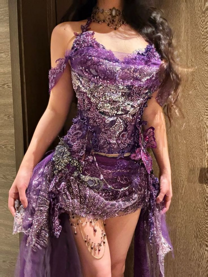 Vintage Halter Purple Tulle Lace Sequin Sheath Cocktail Dress,Short Birthday Outfits D3664