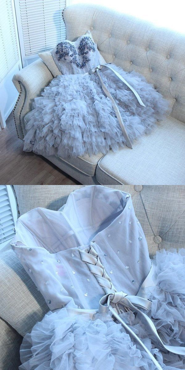 Glamorous Blue Tulle Ruched Beaded A Line Short Graduation Homecoming Dress,Strapless Mini Prom Dress D3998