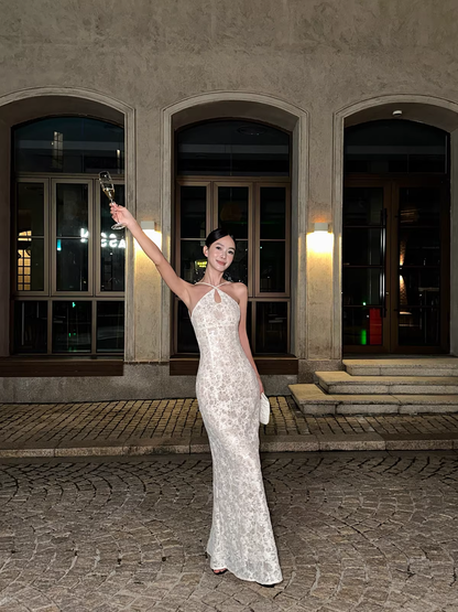 Glamorous Beige Sleeveless Lace Mermaid Slit Long Evening Dress Formal Birthday Party Gown D2086