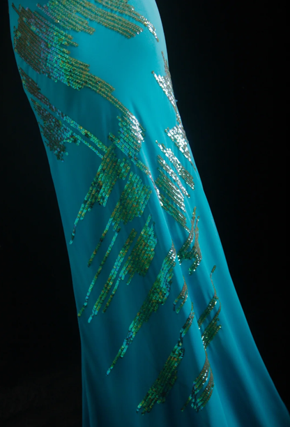 Unique Sleeveless Blue Satin Sequin Mermaid Evening Dress Long Birthday Party Dress Prom Gown D2006