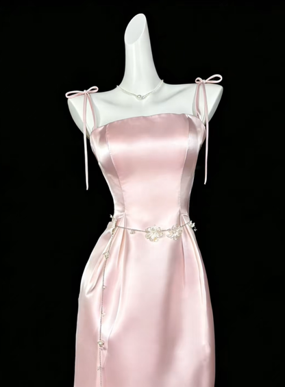 Pretty Spaghetti Straps Pink Satin Sheath Long Party Dress Evening Gown D4190