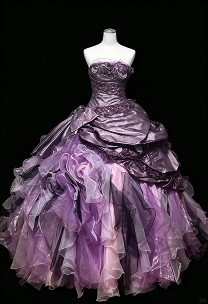 Charming Strapless Purple Satin Tulle Pleated Quinceanera Dress Sweet 16 Dress D5234