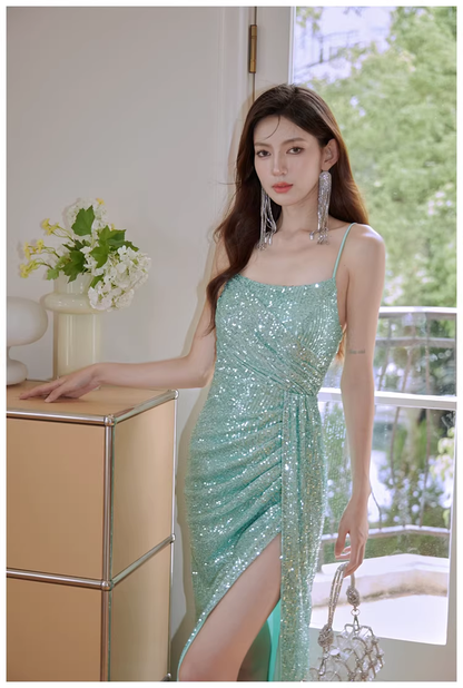 Sparkly Spaghetti Straps Mint Green Sequin Mermaid High Slit Long Prom Dress Evening Dress D2442