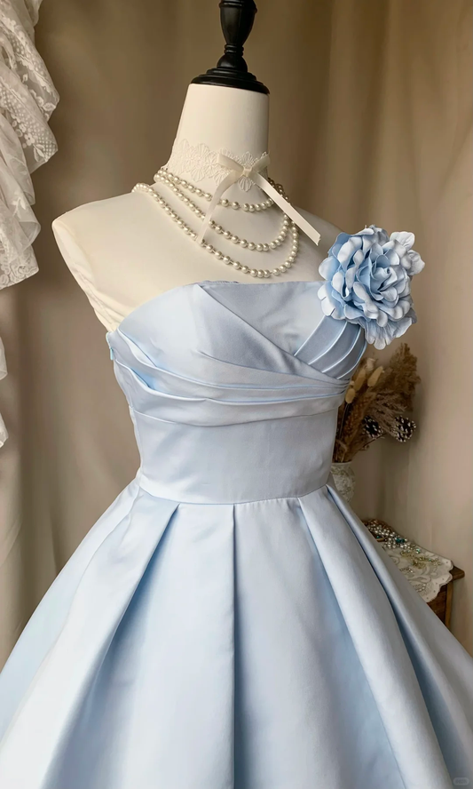 Elegant Blue Strapless Satin Tulle A Line Short Homecoming Dress Birthday Dress With 3D Flower D3176