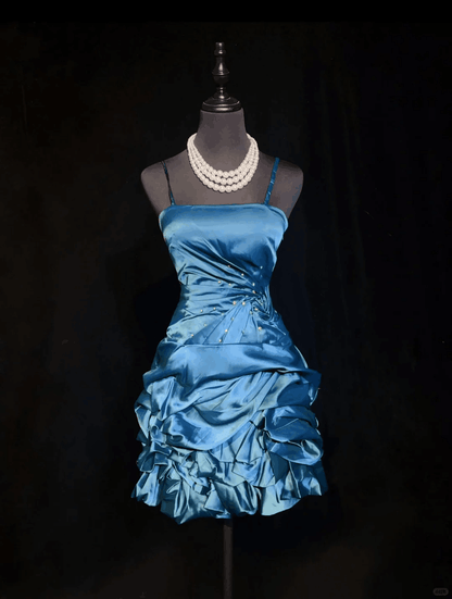 Vintage Spaghetti Straps Satin Pleated Beaded Short Graduation Homecoming Dress,Blue Short 16th Birthday Outfits D3378