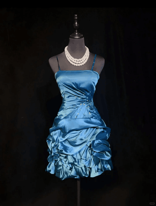 Vintage Spaghetti Straps Satin Pleated Beaded Short Graduation Homecoming Dress,Blue Short 16th Birthday Outfits D3378