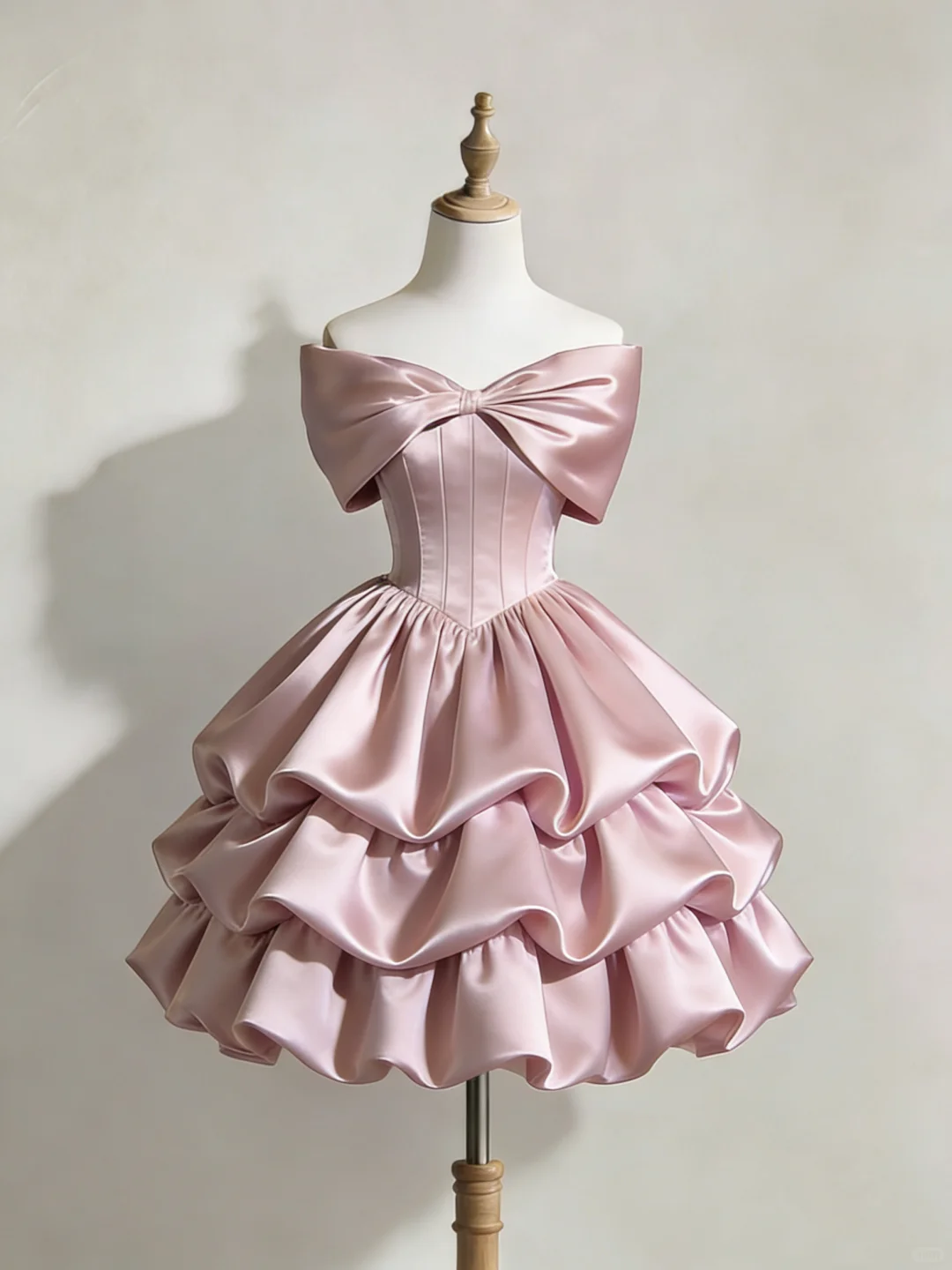 Pretty Pink Satin Layered Short Homecoming Dress,Bow Off The Shoulder Mini Birthday Outfits D2806