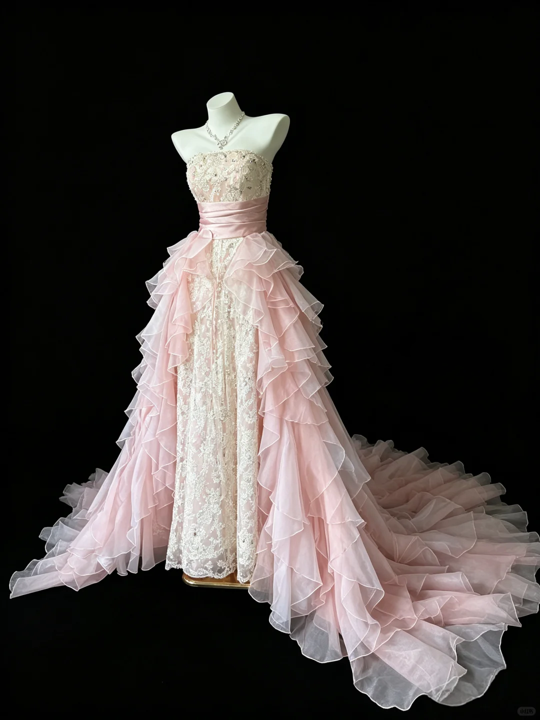 Pretty Strapless Lace Beaded Chiffon Ruffle Pink Long Party Dress Evening Dress D5295