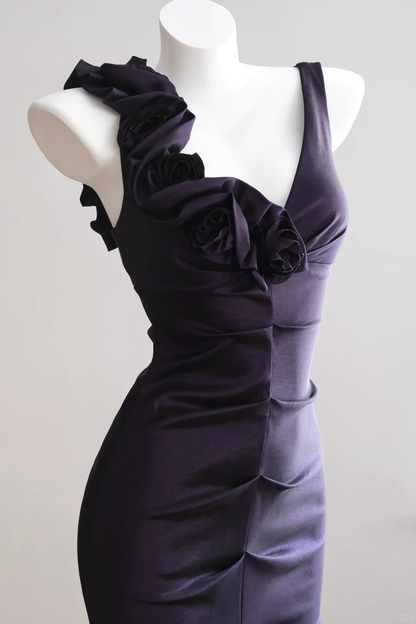 Elegant Sleeveless Satin Sheath Over-the-knee Party Dress Purple Birthday Dress D2722