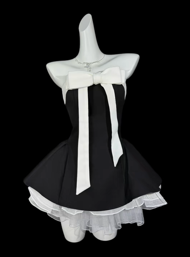 Stylish Black Strapless Bow Satin A Line Short Graduation Homecoming Dress,Short Birthday Party Dress D4176