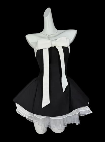 Stylish Black Strapless Bow Satin A Line Short Graduation Homecoming Dress,Short Birthday Party Dress D4176