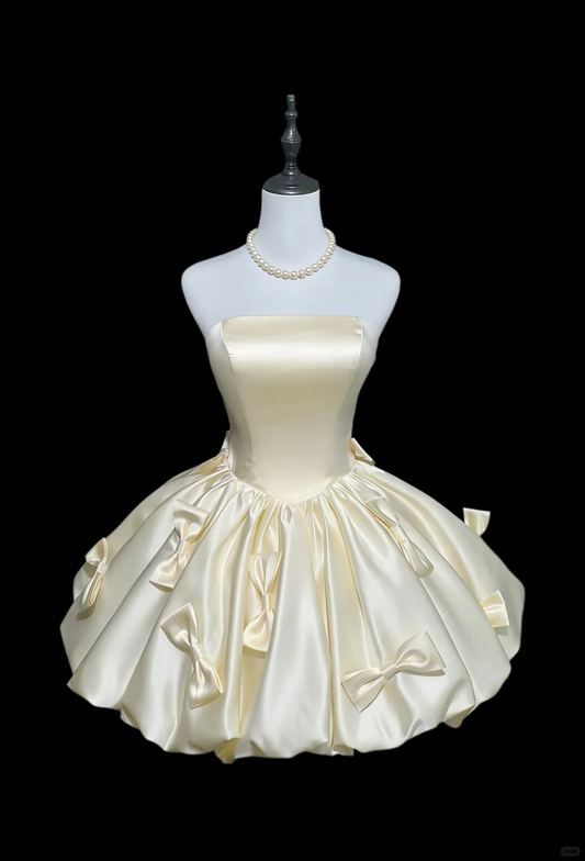 Sweet Pastel Yellow Satin Bow A Line Short 7th Grade Homecoming Dress Off The Shoulder Short Birthday Dress D2797