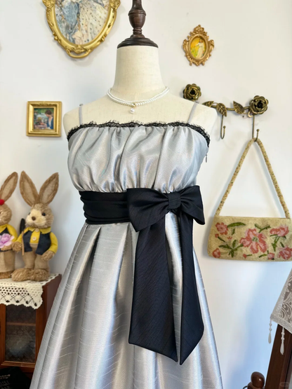 Vintage Silver Gray Satin A Line Short Prom Formal Graduation Homecoming Dress With Bow D309