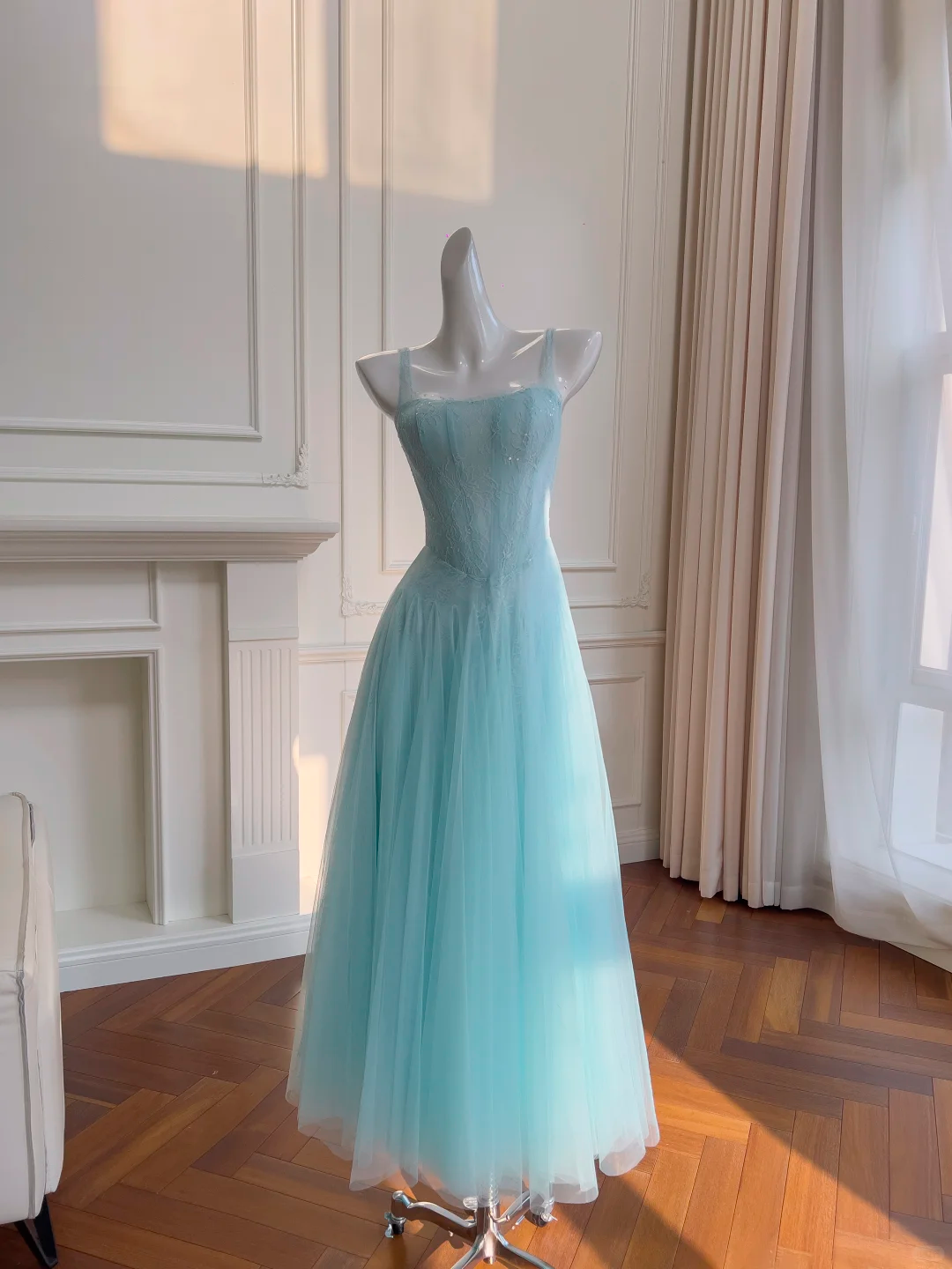 Classy Spaghetti Straps Tulle Lace A Line Evening Dress,Blue Long Wedding Guest Dress D2984