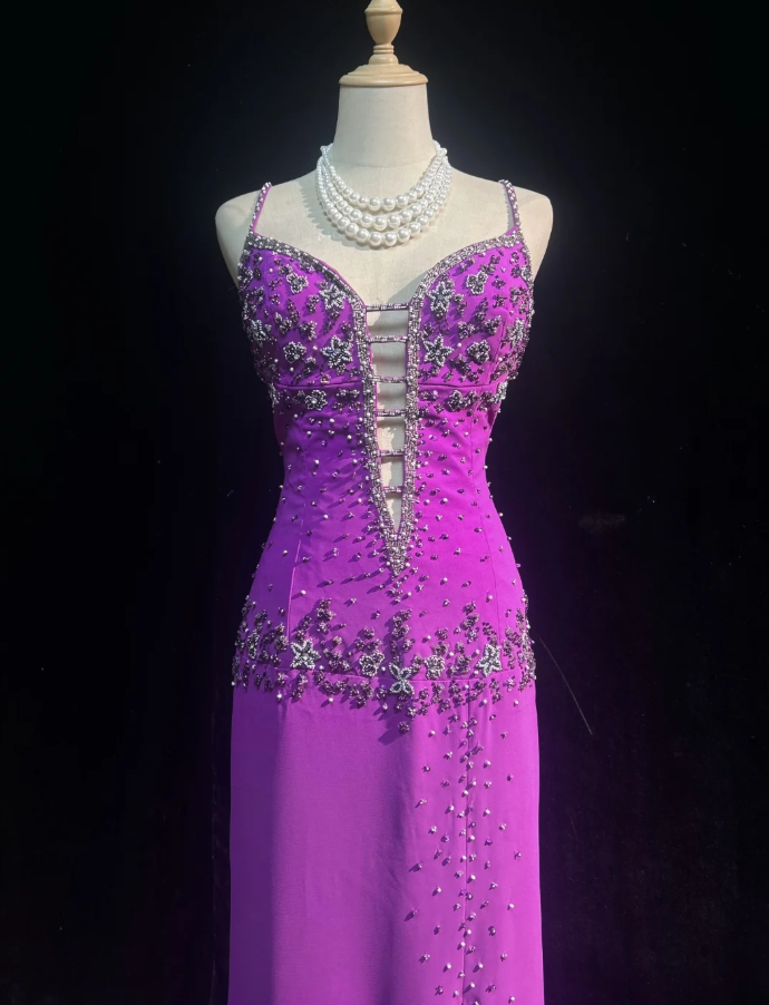 Classy Spaghetti Straps Purple Chiffon Beaded Long Wedding Guest Dress Formal Birthday Prom Dress Party Gown D1937