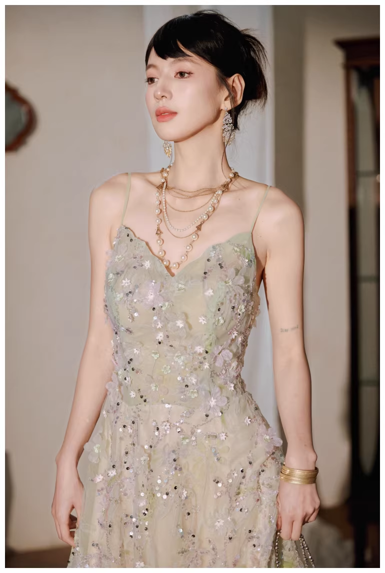 Pretty Spaghetti Straps Green Tulle Appliques A Line Long Birthday Prom Dress Evening Dress D2434
