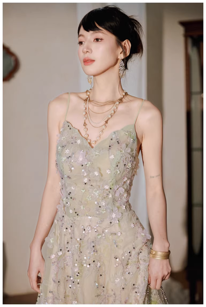 Pretty Spaghetti Straps Green Tulle Appliques A Line Long Birthday Prom Dress Evening Dress D2434