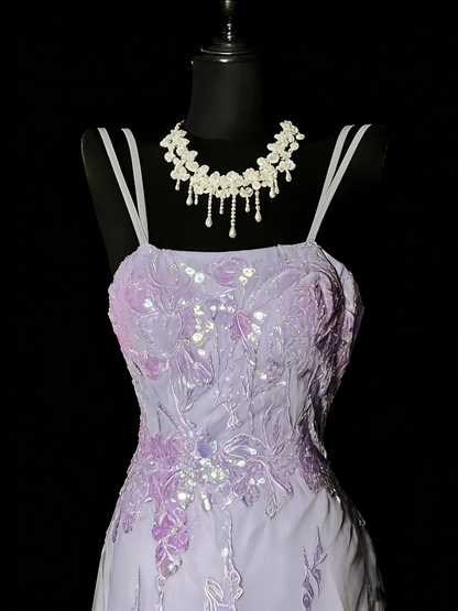 Pretty Spaghetti Straps Lilac Tulle Sequin Lace Appliques Mermaid Long Party Dress Birthday Evening Dress D4884