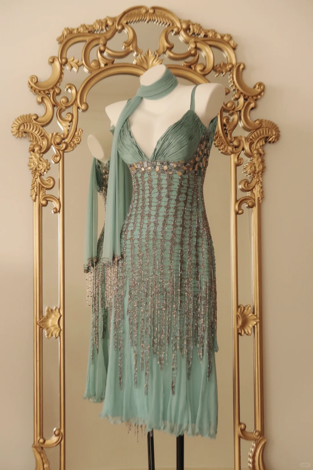 Classy Mint Green Chiffon Beaded Tassel Mermaid Long Party Dress,Spaghetti Straps V Neck Prom Gown With Scarf D2768