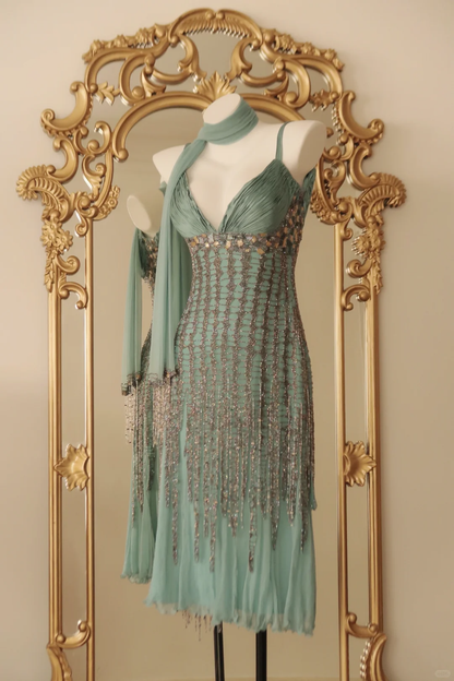 Classy Mint Green Chiffon Beaded Tassel Mermaid Long Party Dress,Spaghetti Straps V Neck Prom Gown With Scarf D2768